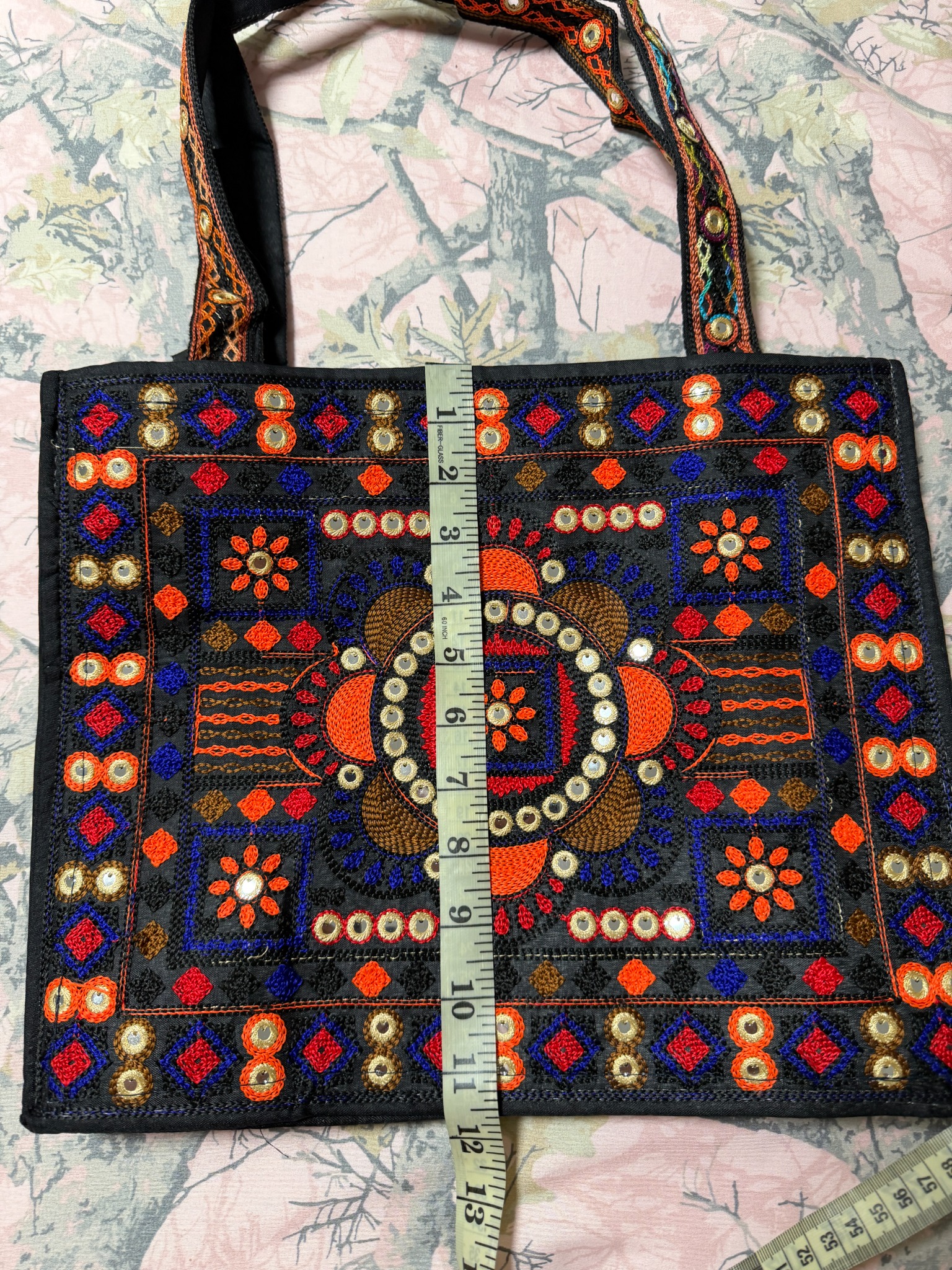 Black Embroidered Mirror Work Tote Bag — Multicolor Boho Shoulder Bag — Height measurement