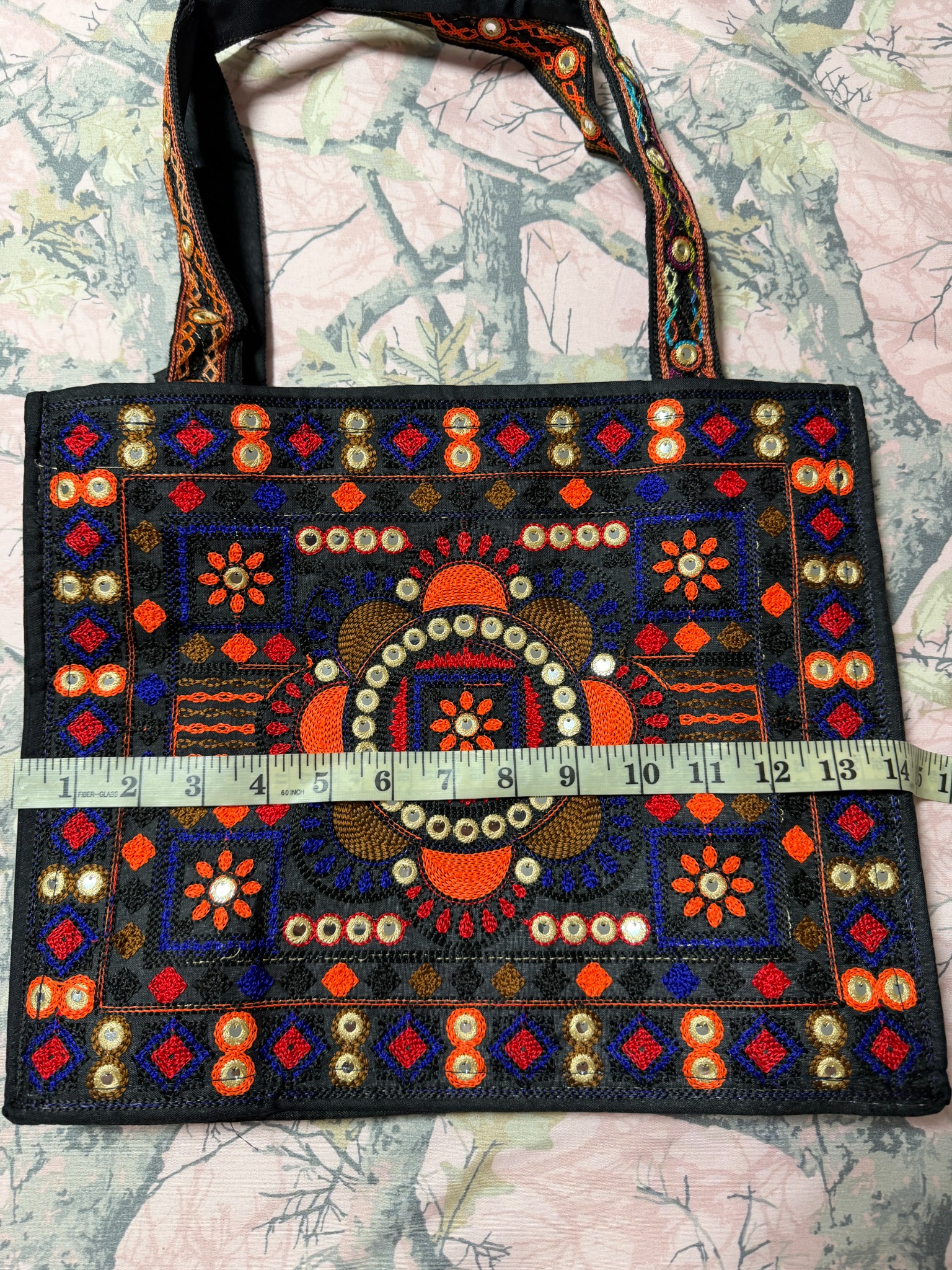 Black Embroidered Mirror Work Tote Bag — Multicolor Boho Shoulder Bag — Width measurement