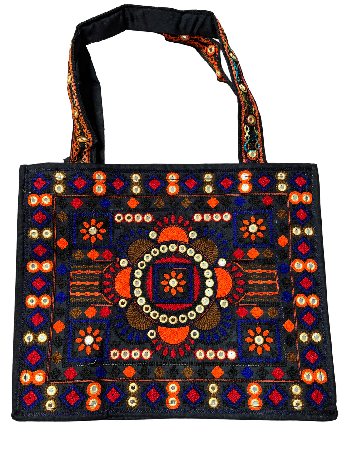 Black Embroidered Mirror Work Tote Bag — Multicolor Boho Shoulder Bag — Front view