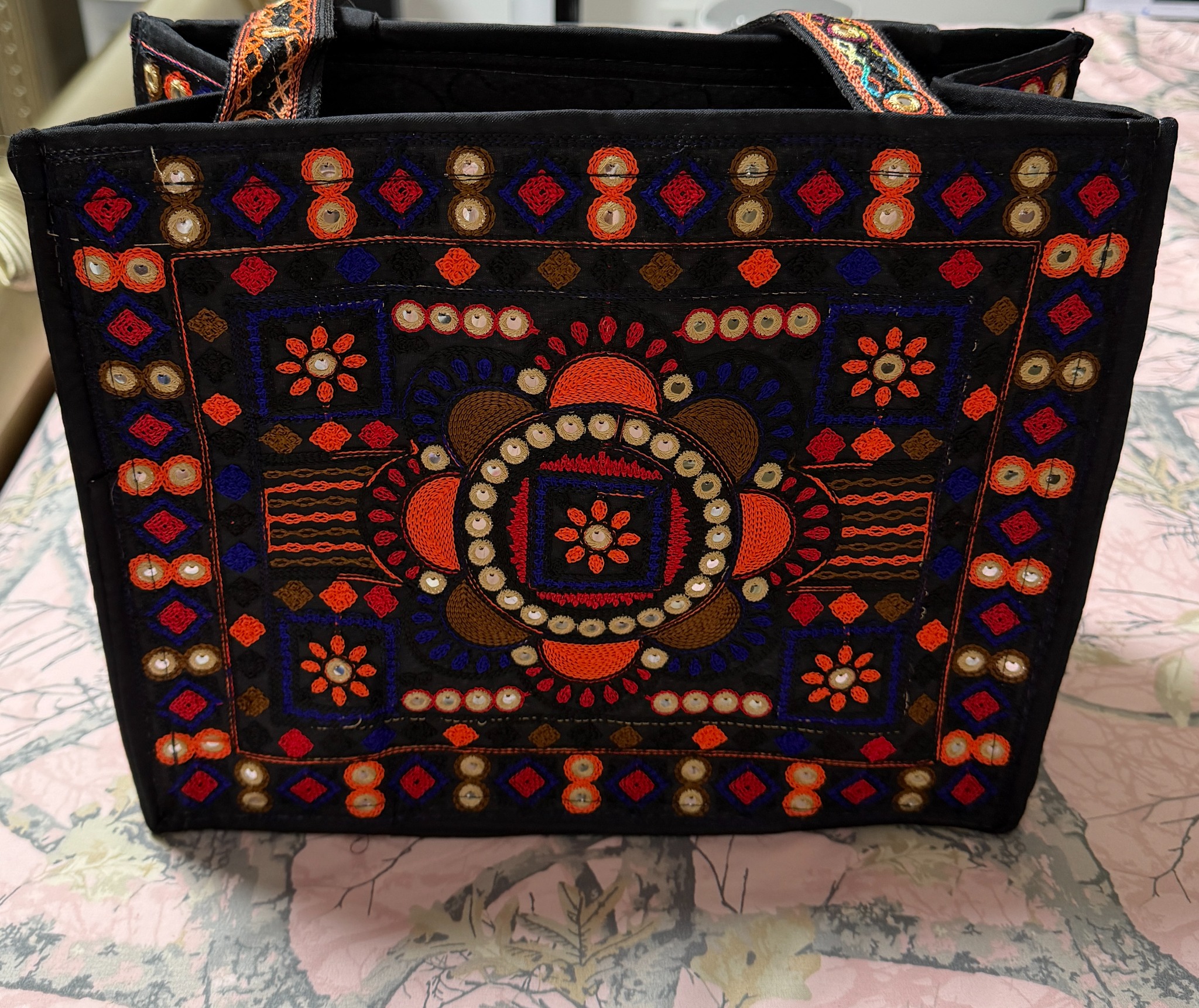 Black Embroidered Mirror Work Tote Bag — Multicolor Boho Shoulder Bag — Upright front view
