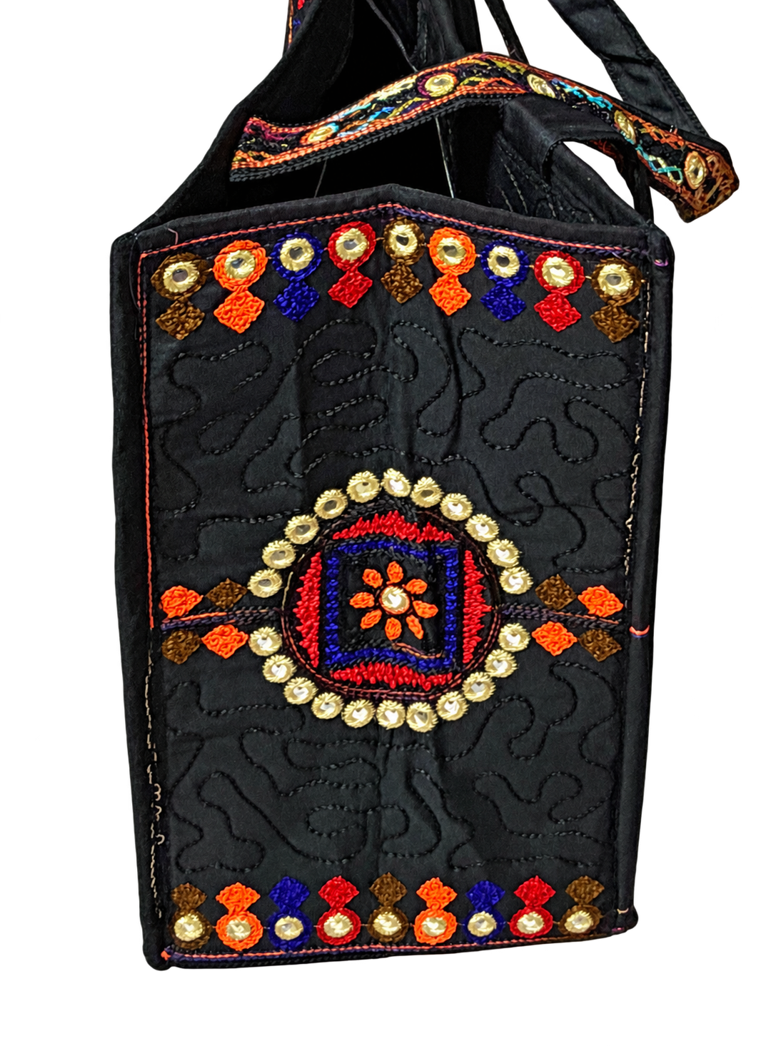 Black Embroidered Mirror Work Tote Bag — Multicolor Boho Shoulder Bag — Embroidered side panel