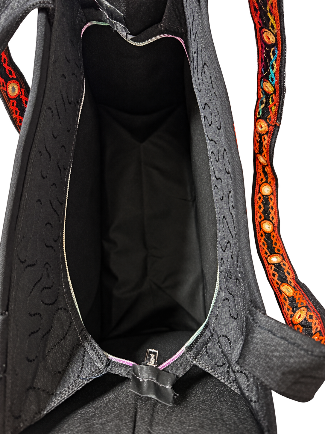 Black Embroidered Mirror Work Tote Bag — Multicolor Boho Shoulder Bag — Interior
