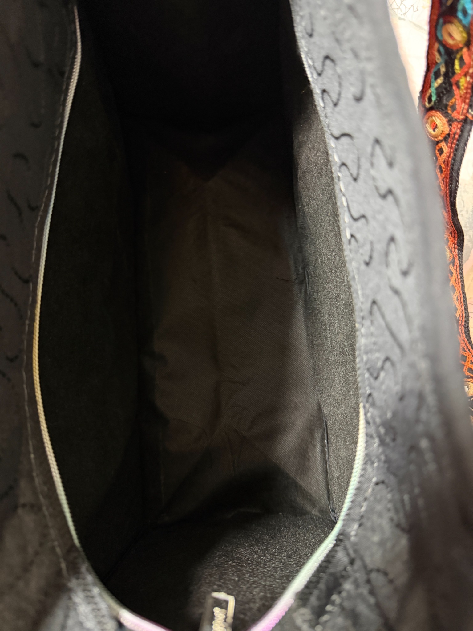 Black Embroidered Mirror Work Tote Bag — Multicolor Boho Shoulder Bag — Interior detail