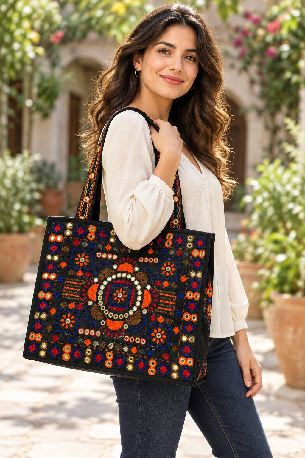 AI-generated styling illustration of the black tote with a model, full face visible