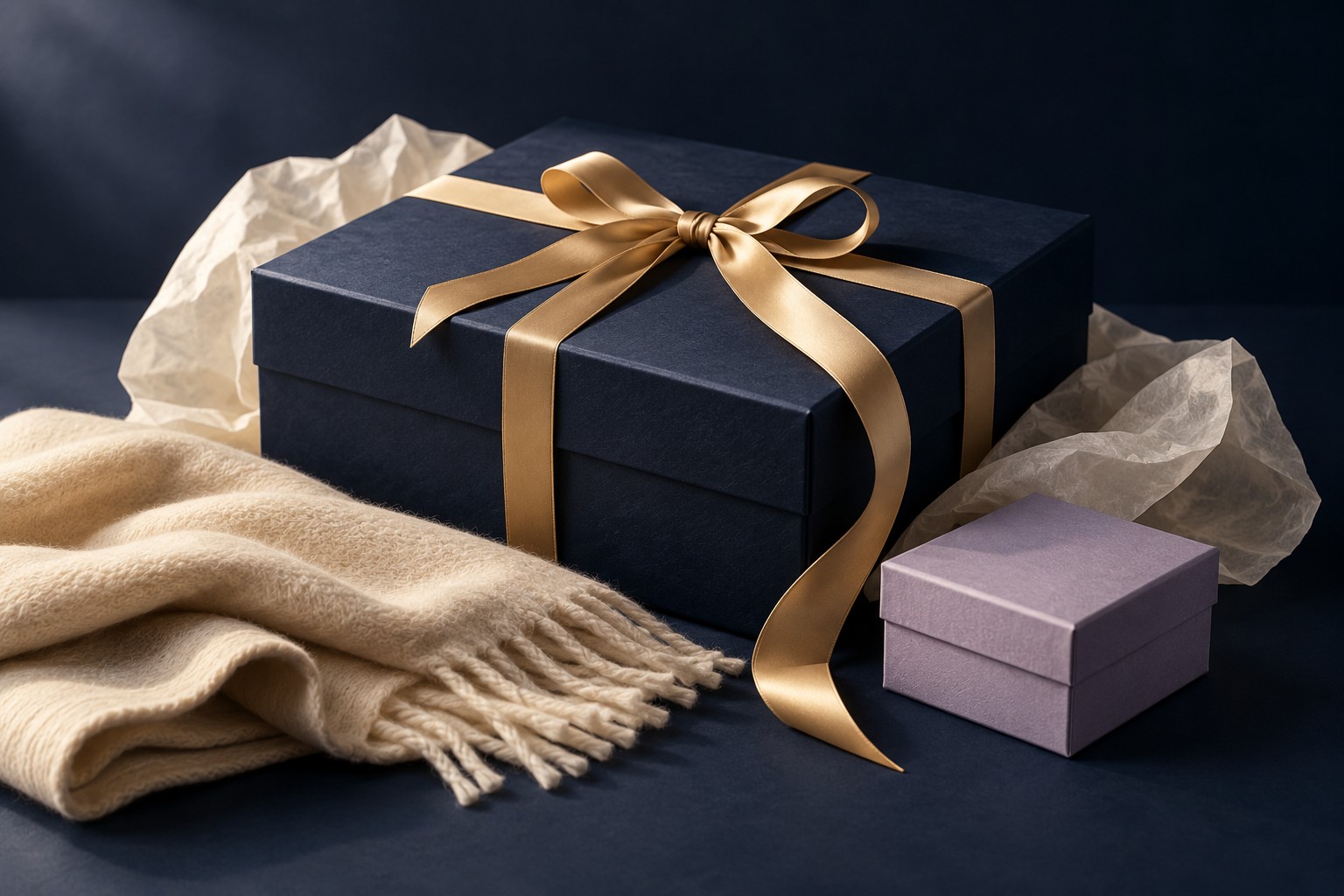 Navy and lilac gift boxes styled with a gold ribbon and cream fabric