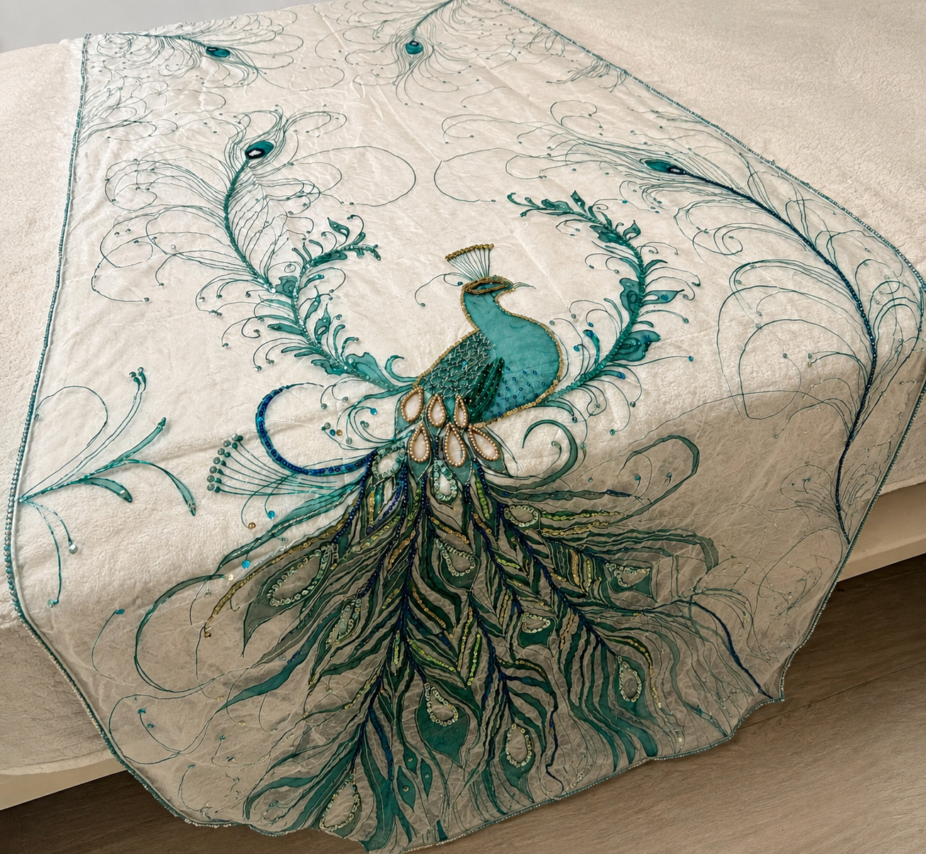 Entire dupatta draped across a bed