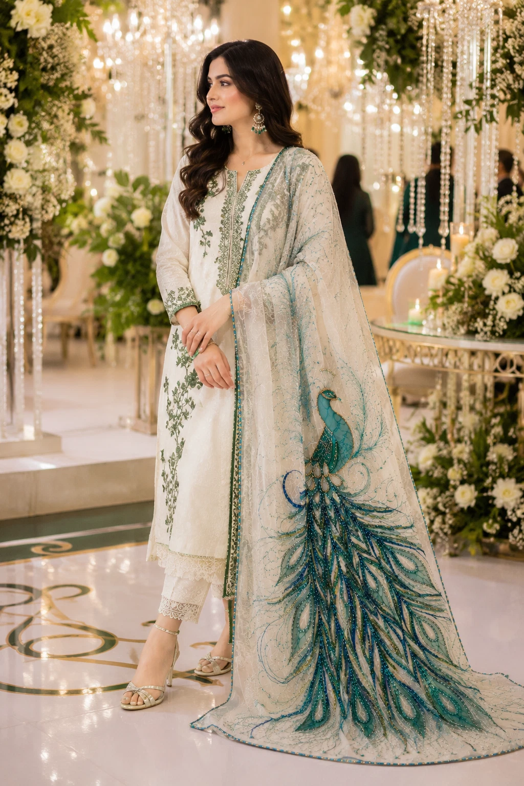 Peacock embellished organza dupatta, main view