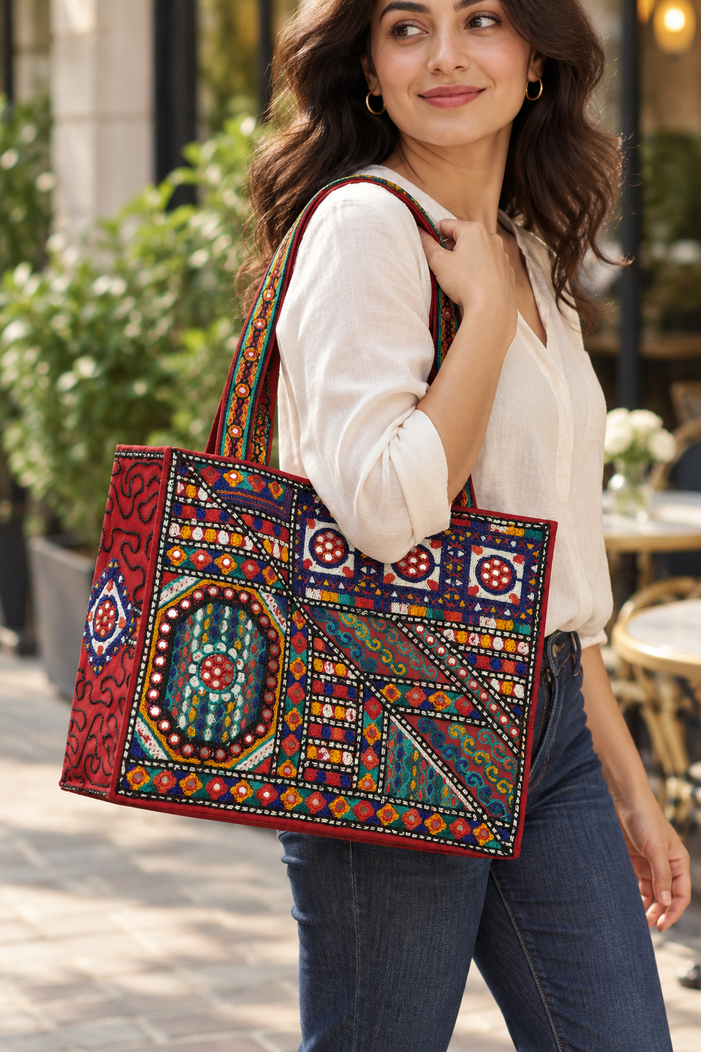 Red Embroidered Mirror Work Tote Bag — Multicolor Boho Shoulder Bag