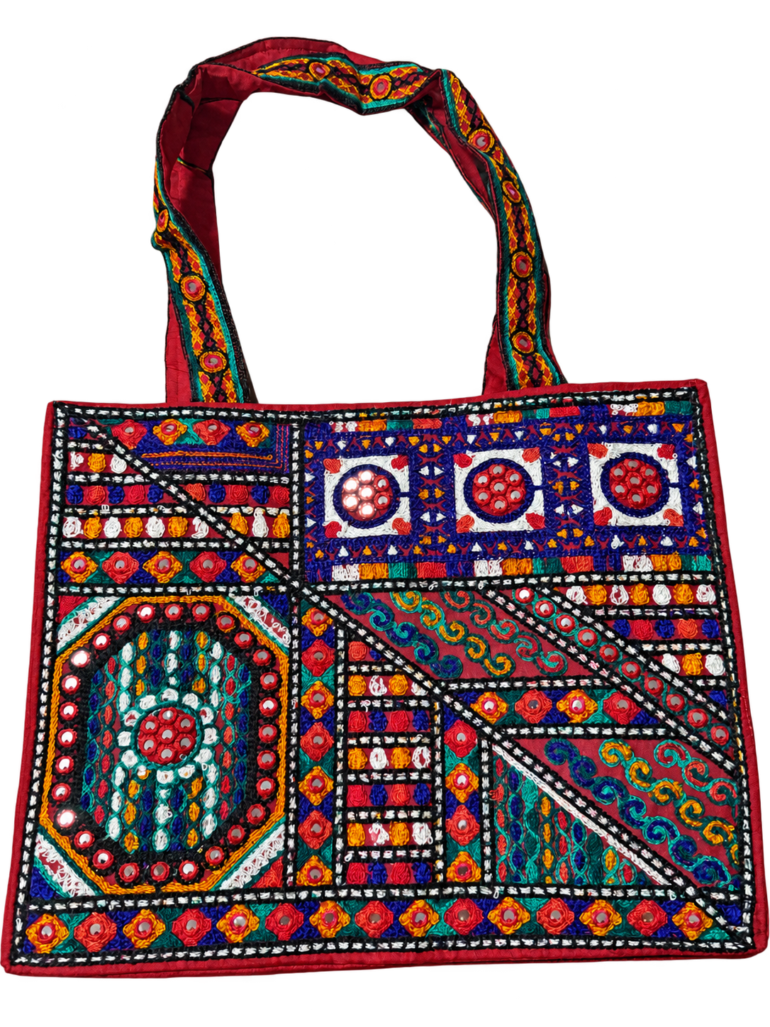 Red Embroidered Mirror Work Tote Bag — Multicolor Boho Shoulder Bag — Front view