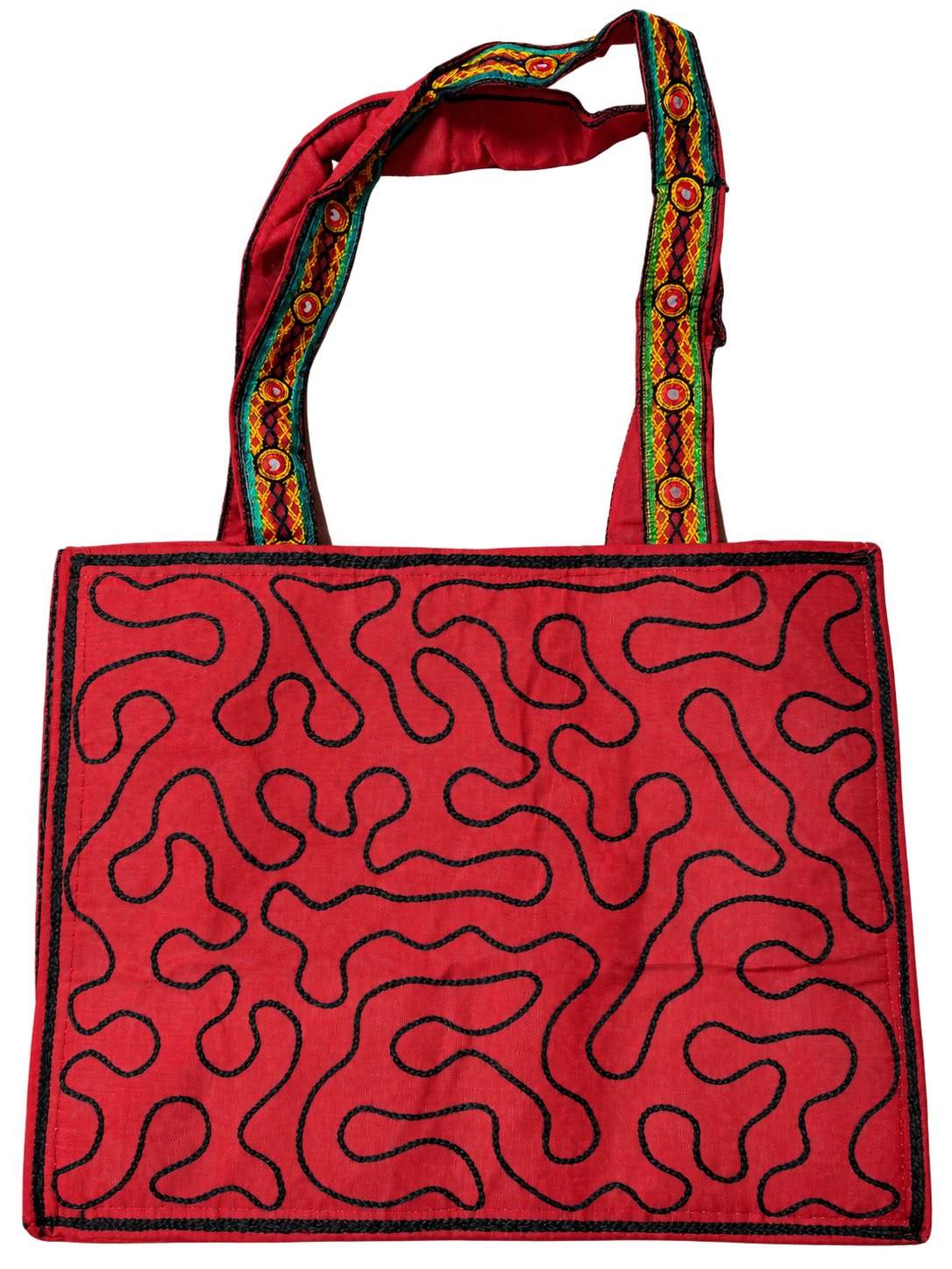 Red Embroidered Mirror Work Tote Bag — Multicolor Boho Shoulder Bag — Back view