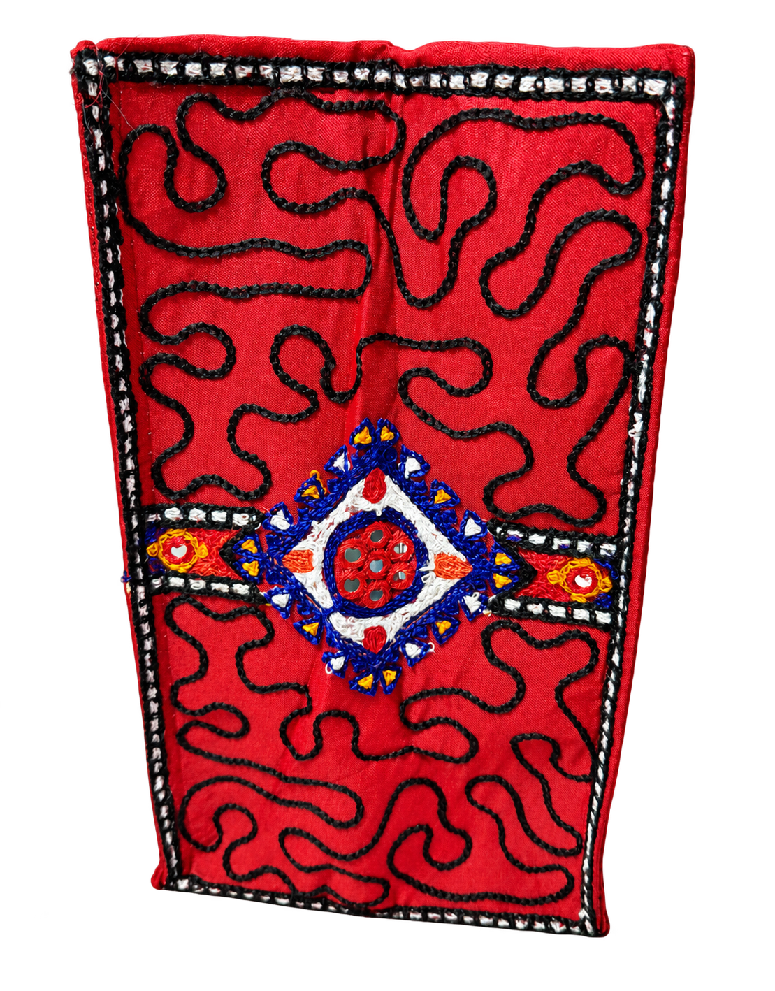 Red Embroidered Mirror Work Tote Bag — Multicolor Boho Shoulder Bag — Embroidered side panel