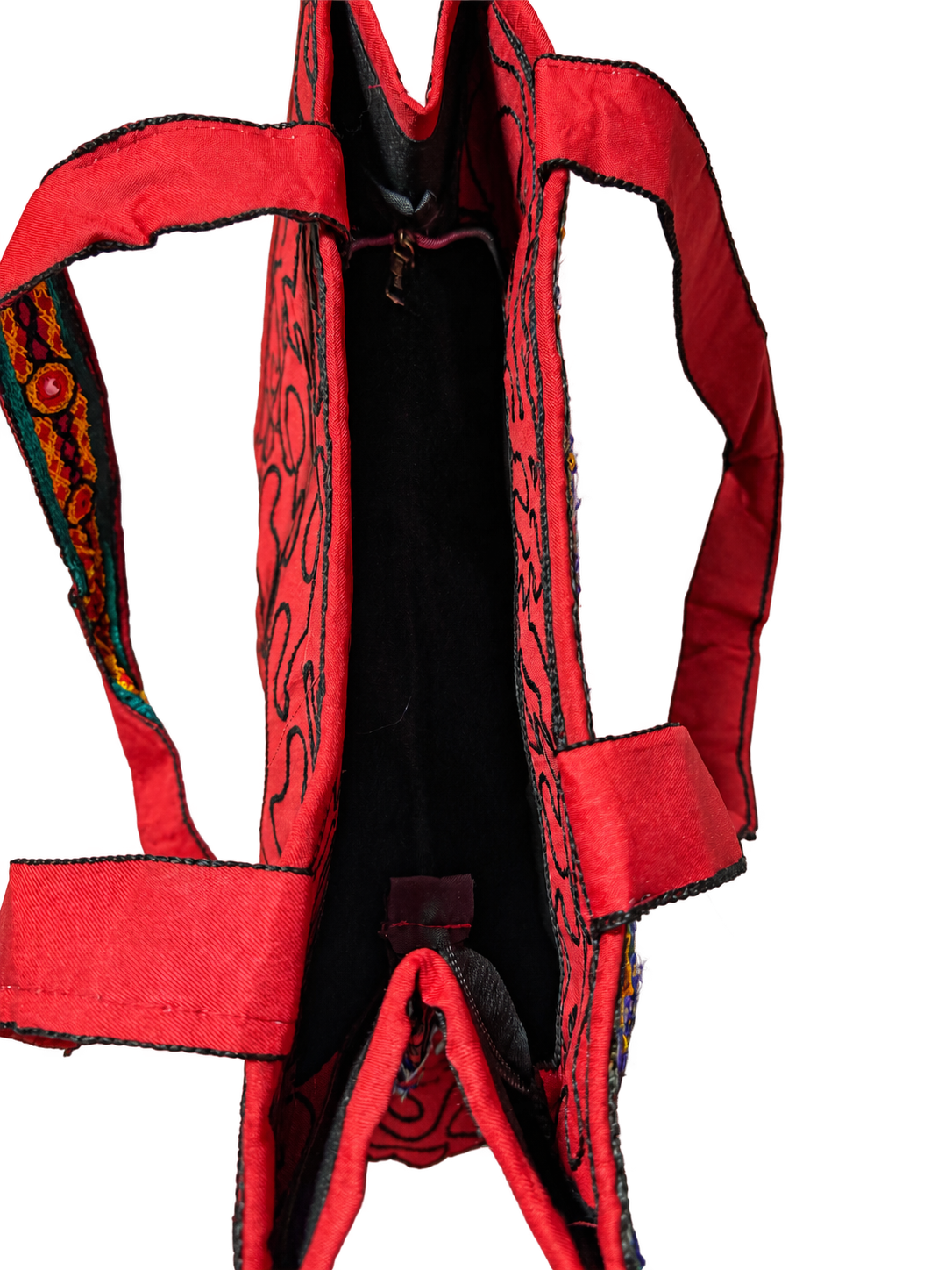 Red Embroidered Mirror Work Tote Bag — Multicolor Boho Shoulder Bag — Interior