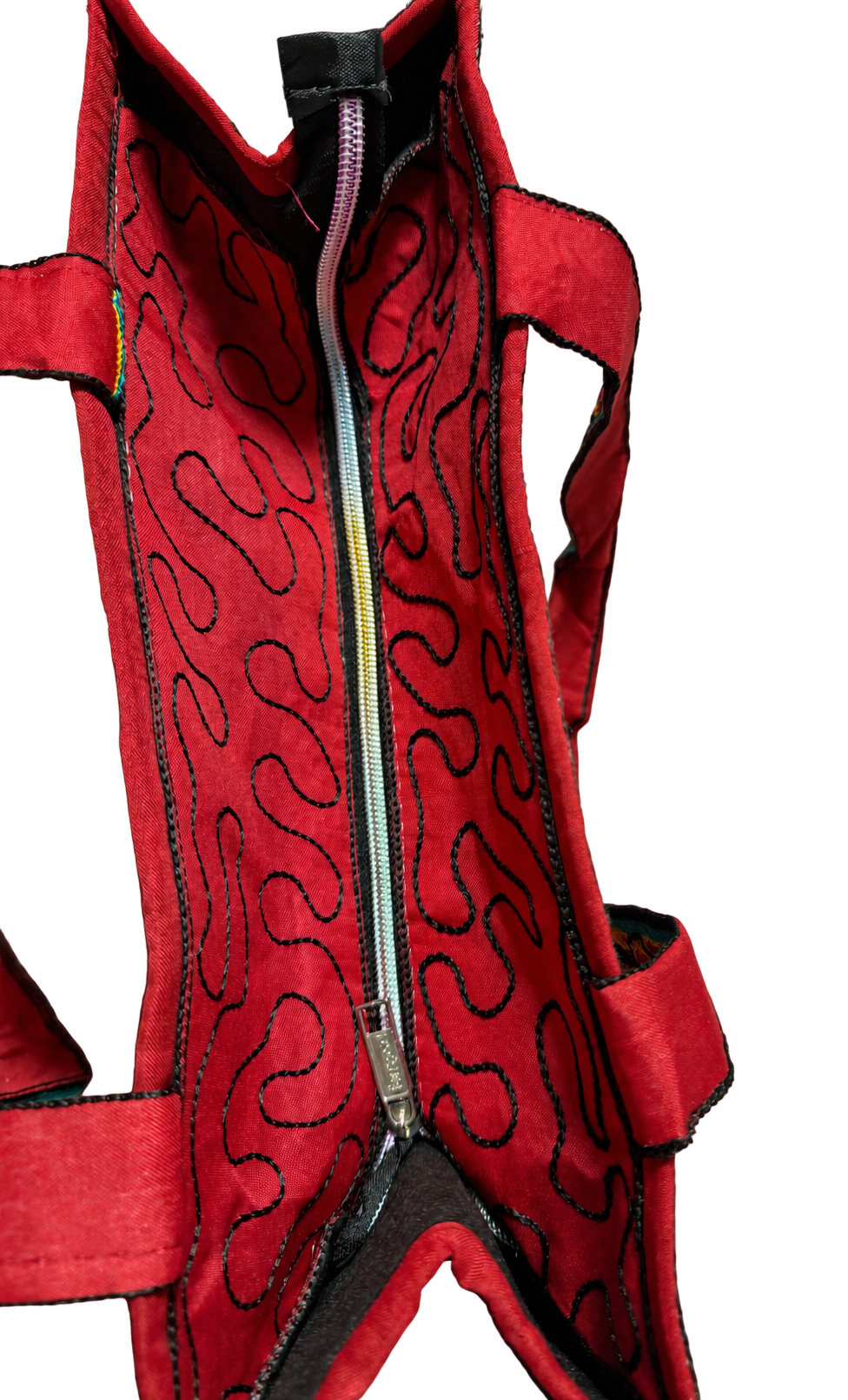 Red Embroidered Mirror Work Tote Bag — Multicolor Boho Shoulder Bag — Zip-top closure