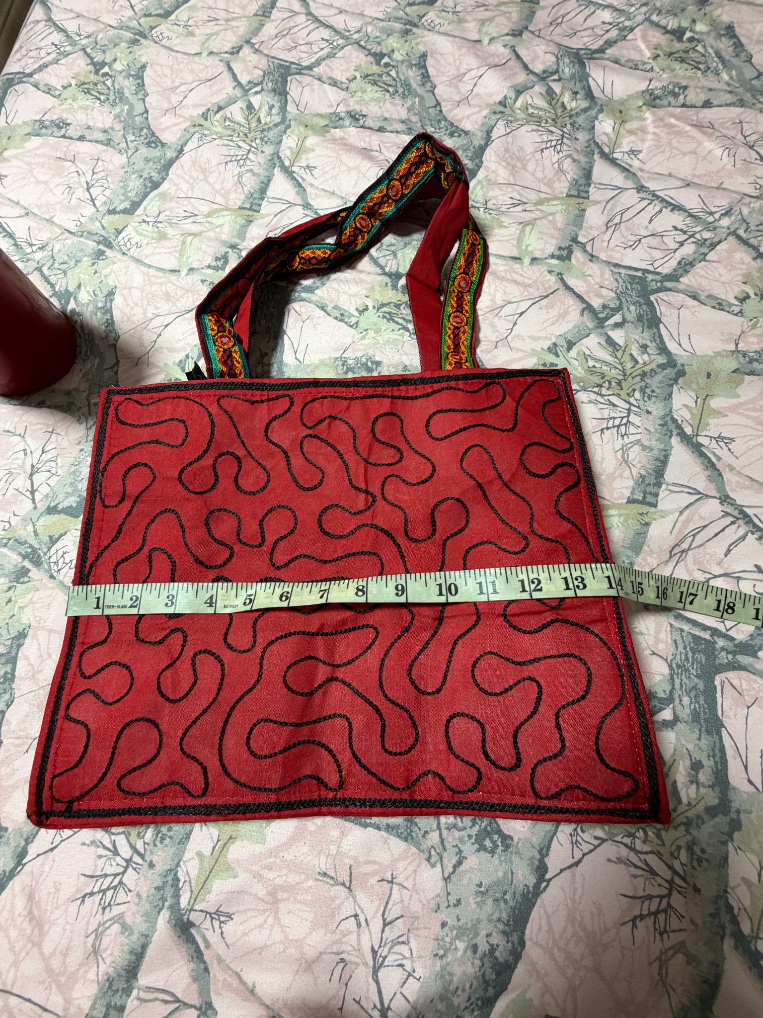Red Embroidered Mirror Work Tote Bag — Multicolor Boho Shoulder Bag — Width measurement