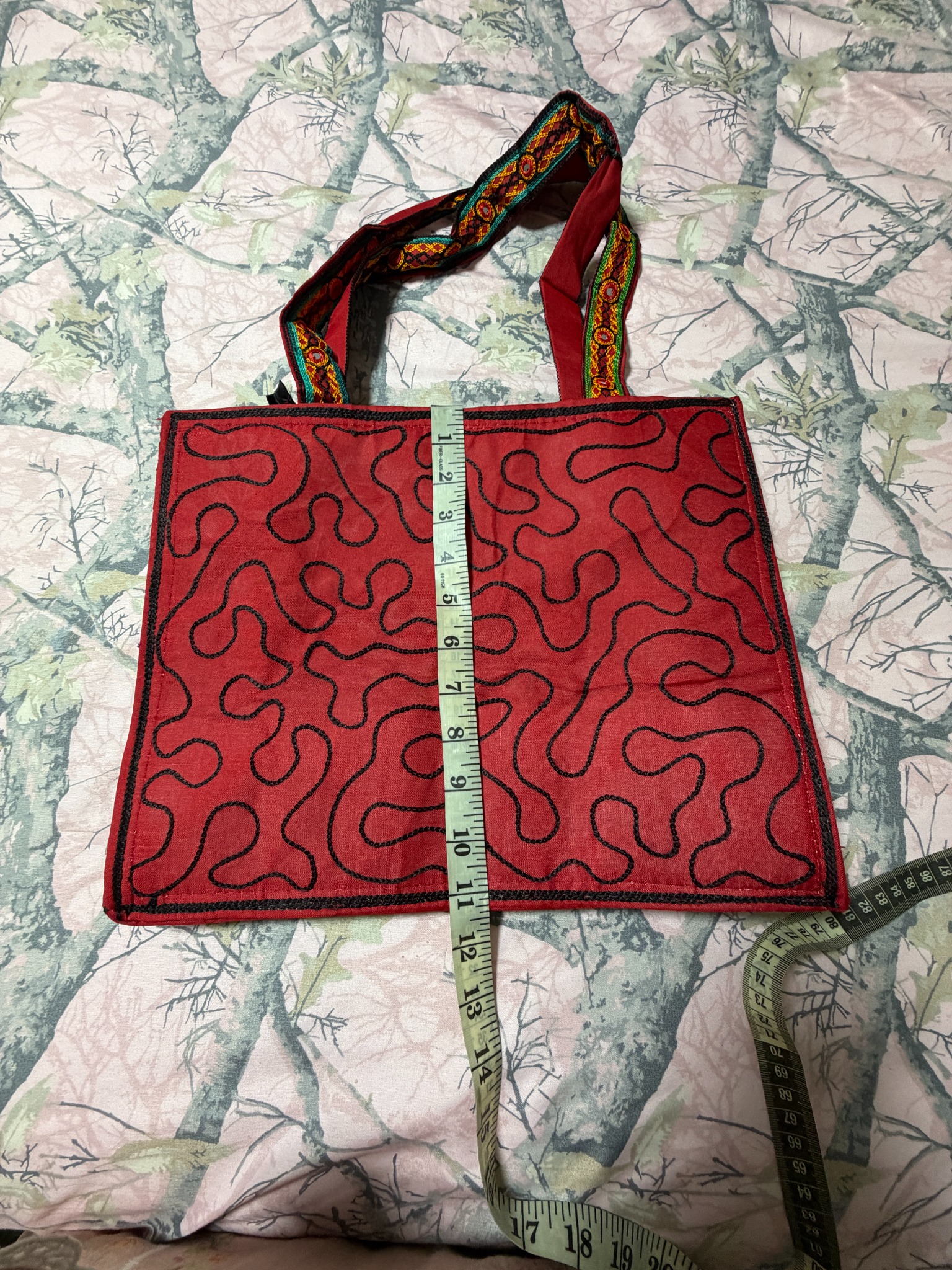 Red Embroidered Mirror Work Tote Bag — Multicolor Boho Shoulder Bag — Height measurement