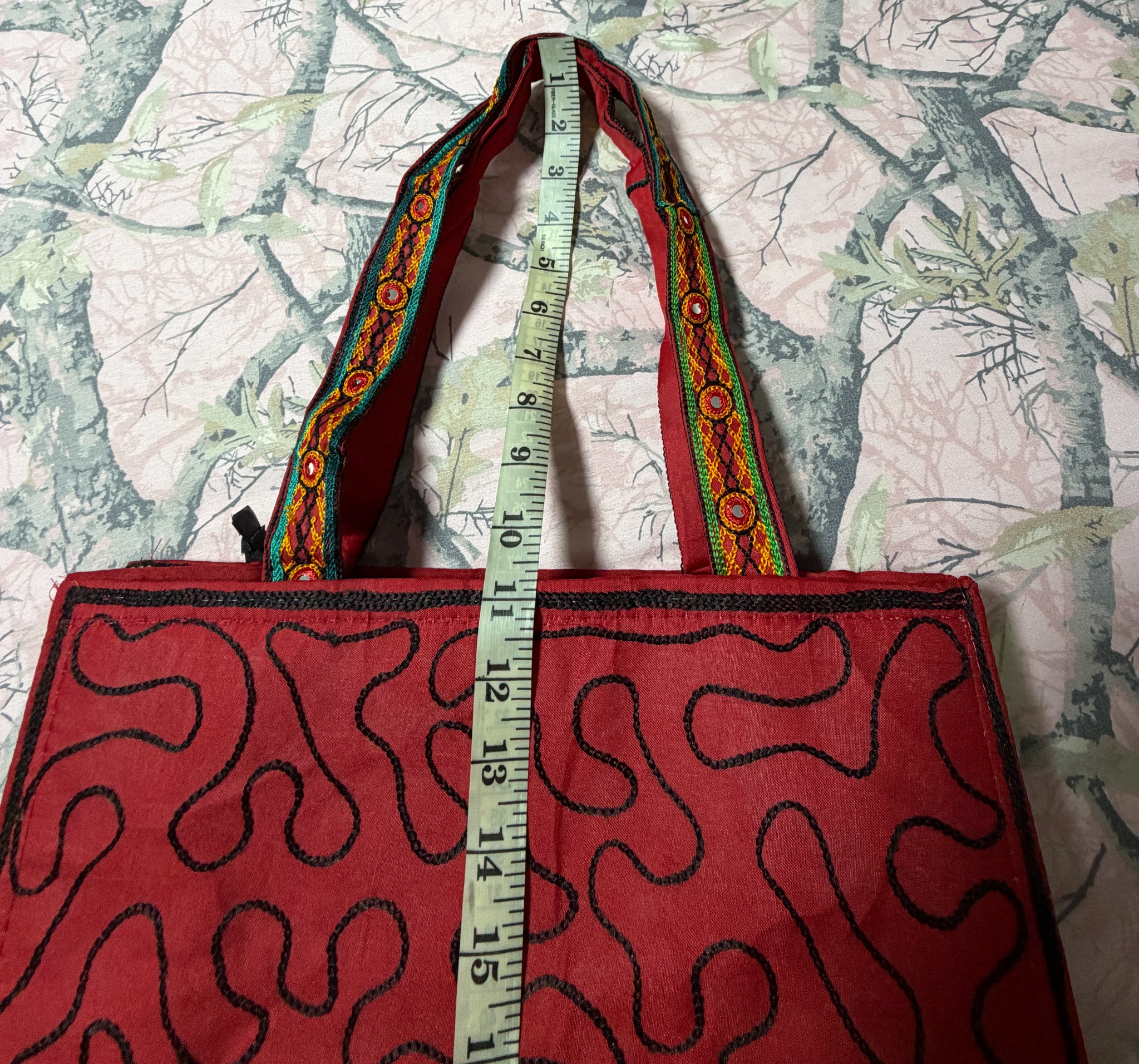 Red Embroidered Mirror Work Tote Bag — Multicolor Boho Shoulder Bag — Handle drop measurement