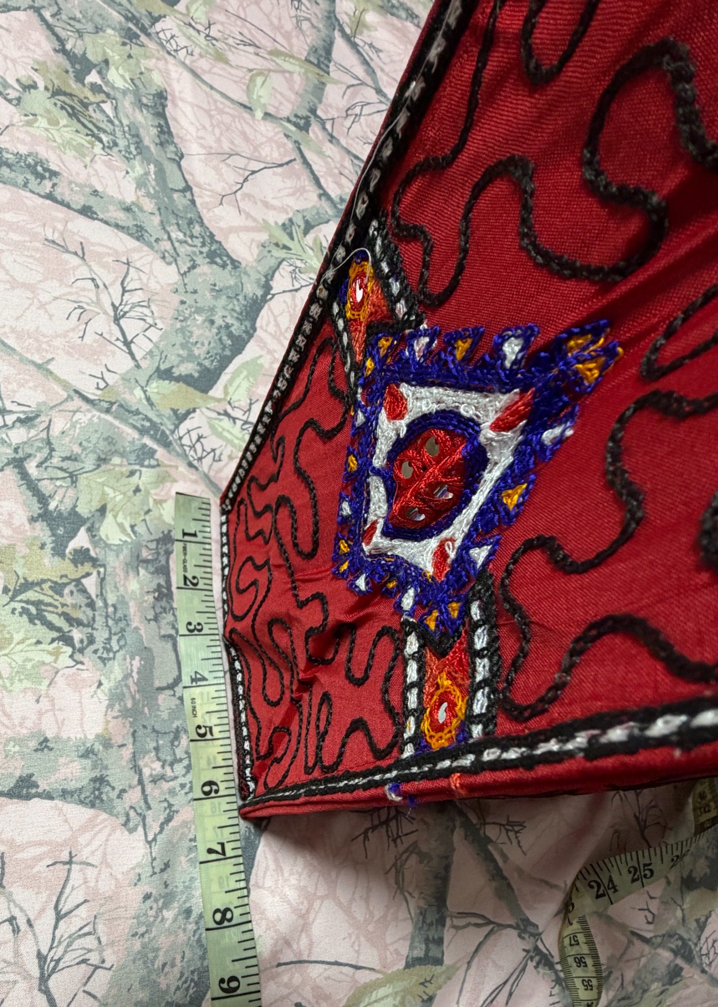 Red Embroidered Mirror Work Tote Bag — Multicolor Boho Shoulder Bag — Depth measurement