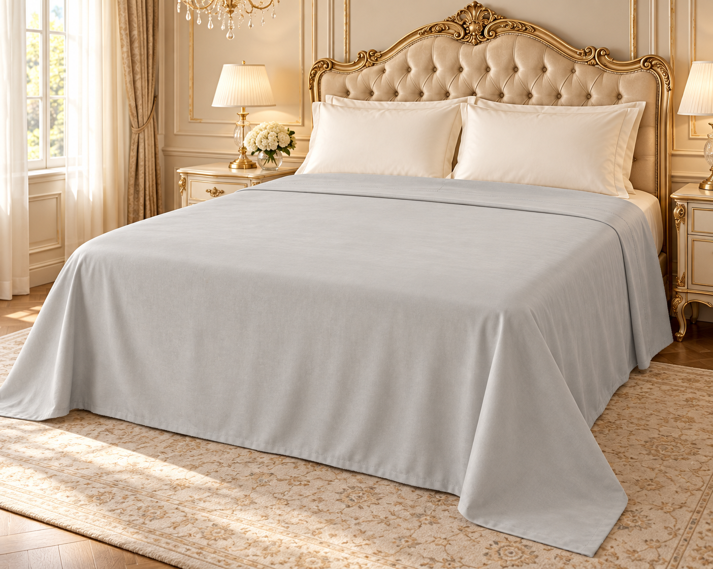 Illustrative royal-bedroom styling with gray flat sheet
